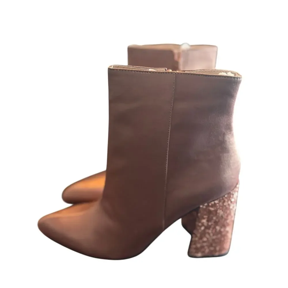 Shellys London Hugsy Satin Boots 8.5 NWT Tan Ankle Heel Glam Sequin Glitter